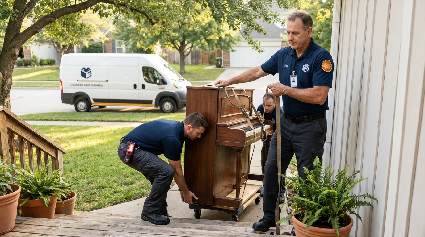 Licensed piano movers securing grand piano in Manson, WA