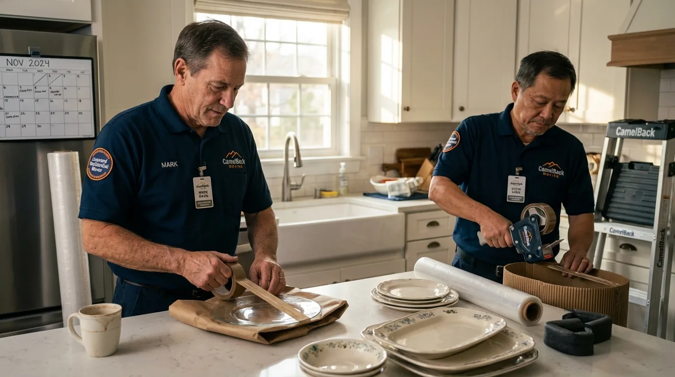 Professional crew packing kitchen dishware in Manson, WA